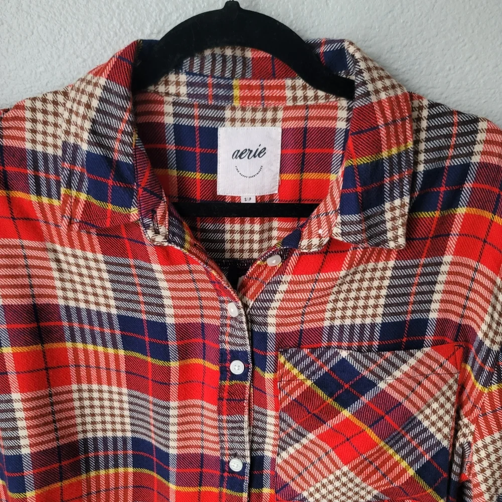 Aerie Plaid Flannel Pajama Sleep Shirt Size Small In Red/Blue Plaid NWT